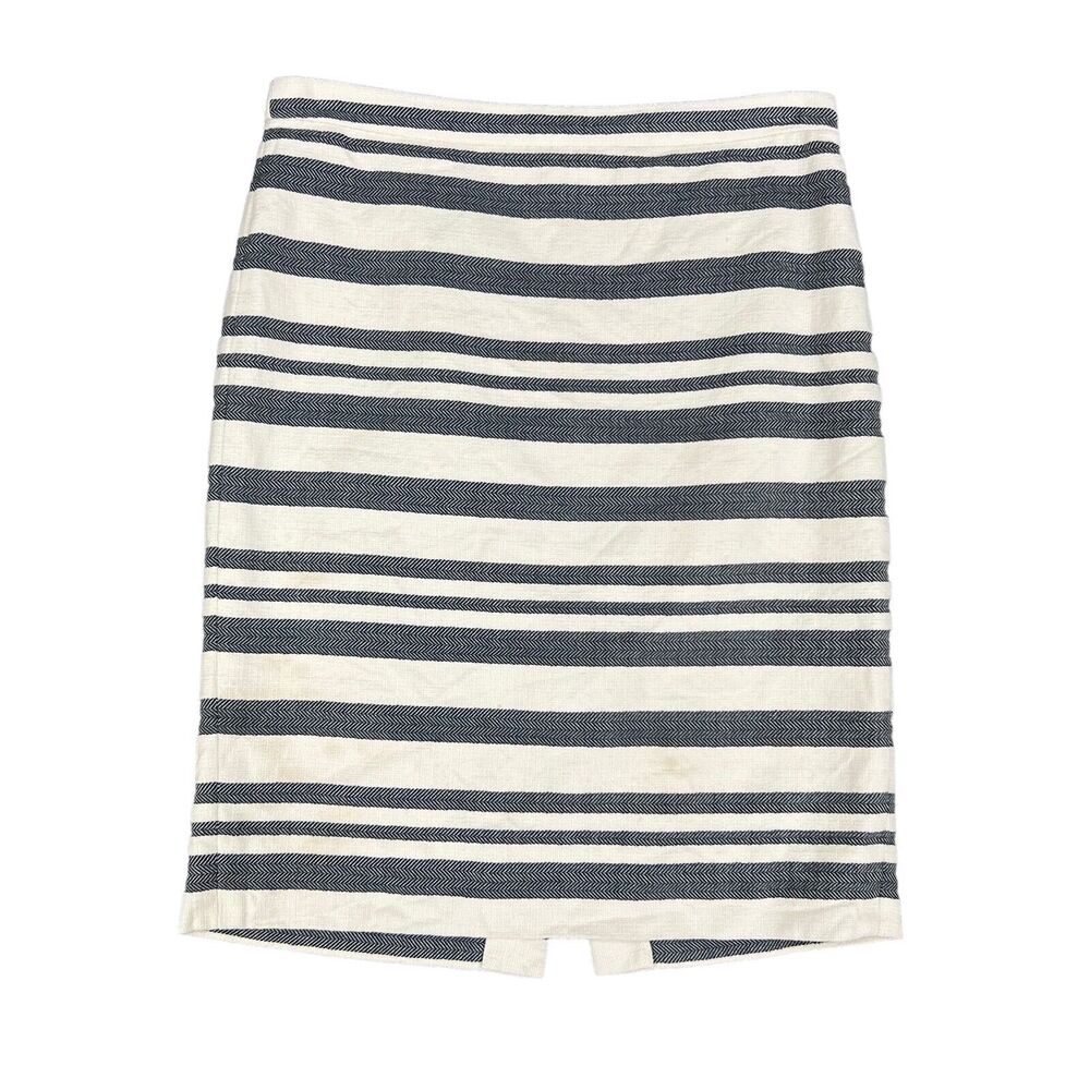 J Crew Skirt Womens 0 Navy White Cotton Blend Woven Striped Pencil Back Zip